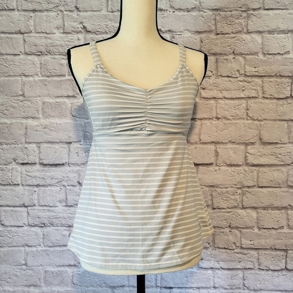 Prana light gray white striped strappy crisscross back detail tank top size S - Picture 3 of 9